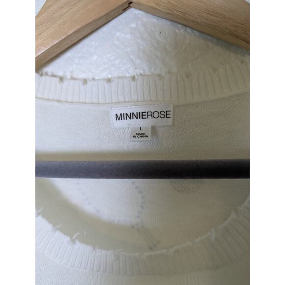 Minnie Rose Cashmere Blend Pickleball Frayed Edge White Sweater Shirt Women Sz L - Picture 7 of 10